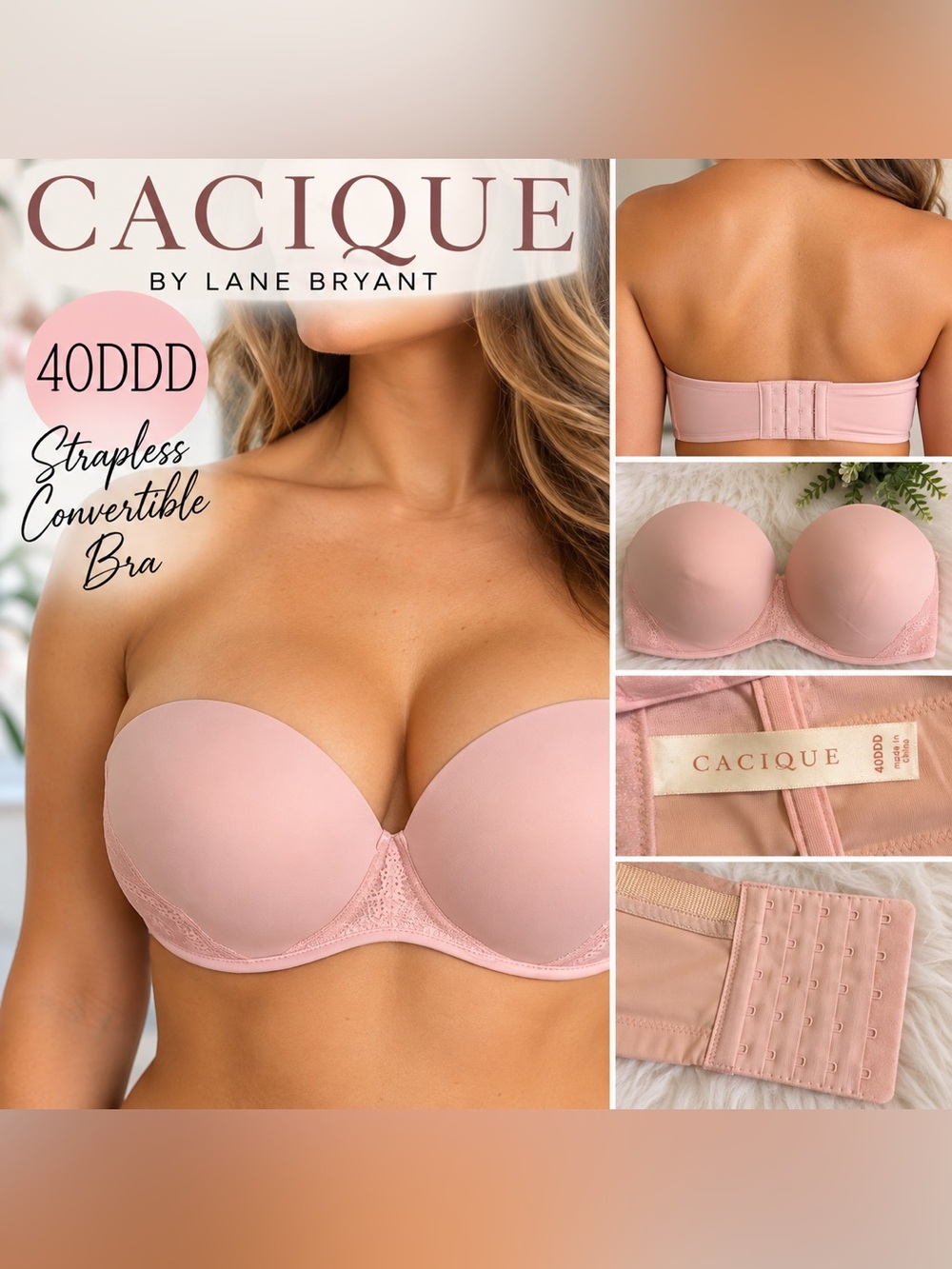 Cacique Strapless Bra 40DDD Pink Lace Convertible Plus Size